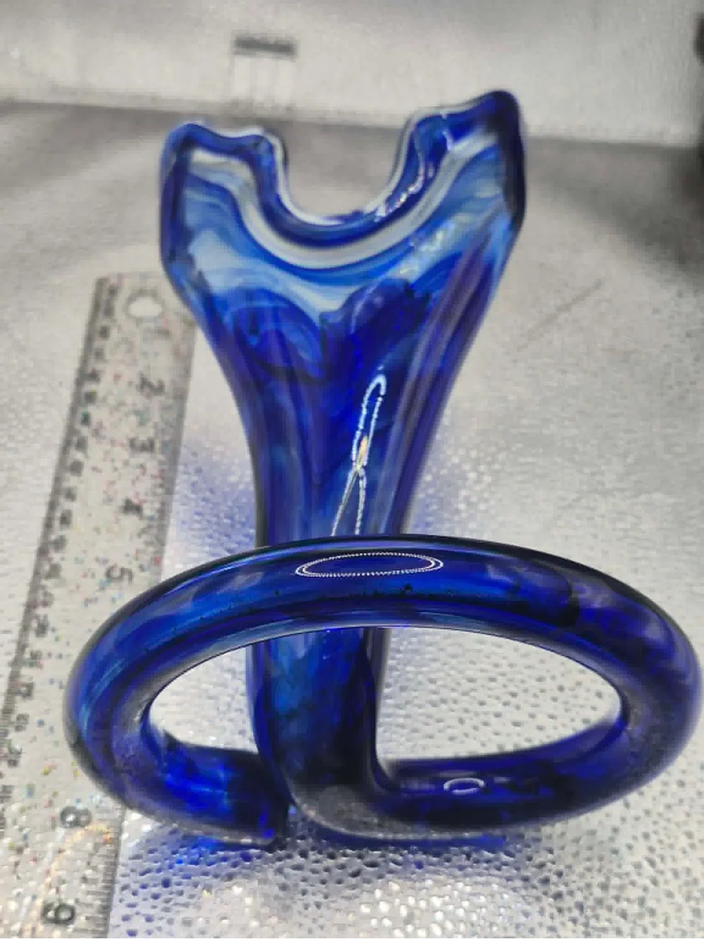 Vintage MCM Cobalt Blue Art Glass Trumpet Vase Swung Design by Sooner / Ozark Co